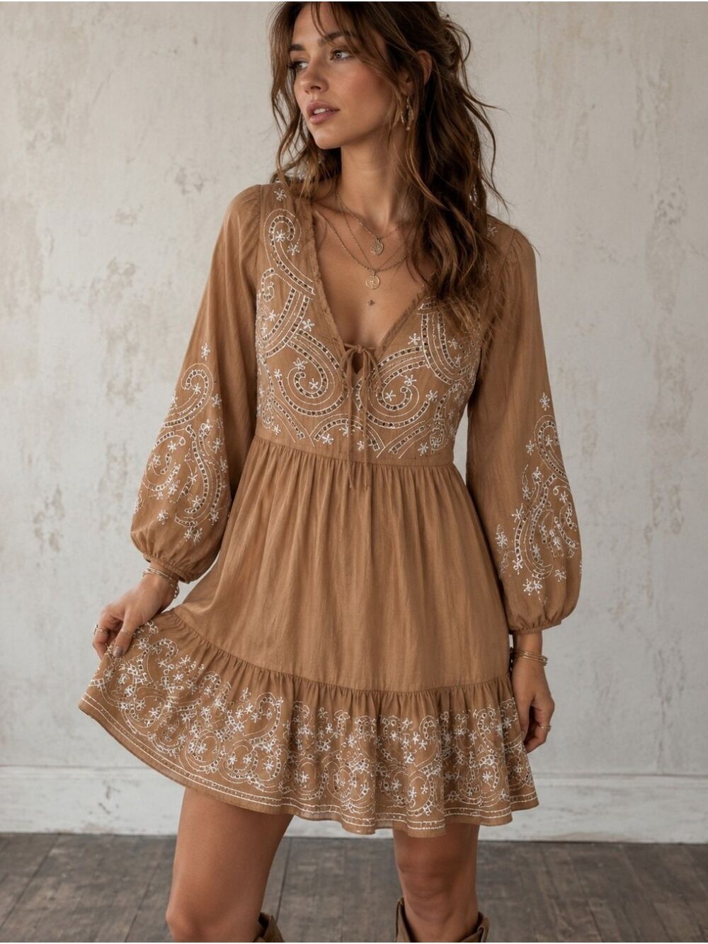 Express Embroidered Cotton Mini Dress XL Tan White Boho Tie Back Puff Sleeve